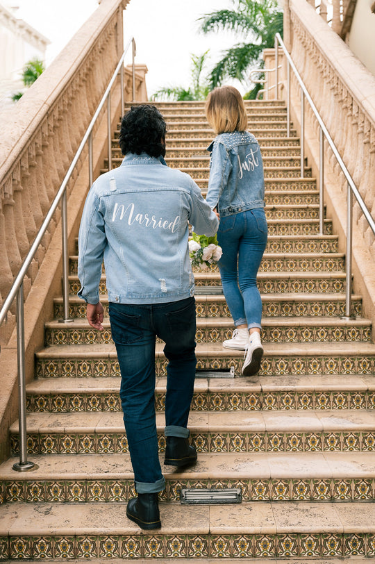 Mr and Mrs Custom Denim Jackets for Groom and Bride - pearls