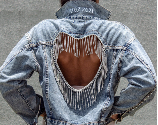 Wedding Denim Jacket with Rhinestone Heart - Custom jackets