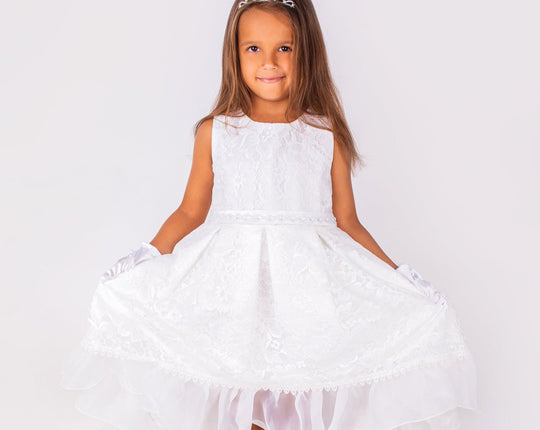 Flower Girls Short Lace Dress with Pearls Belt