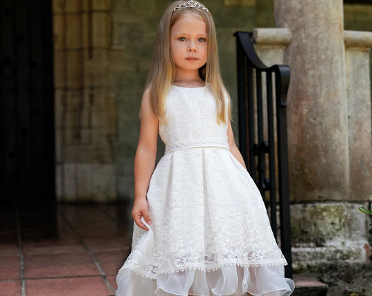 Flower Girls Short Lace Dress with Pearls Belt