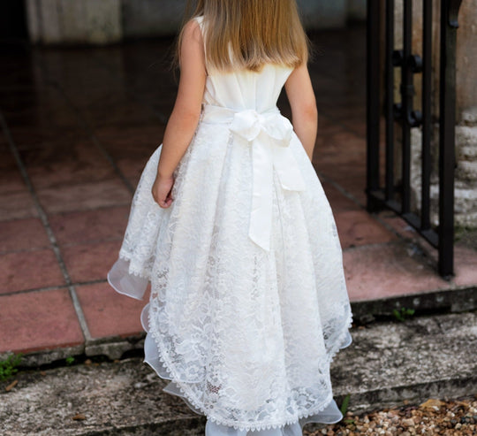 Flower Girls Short Lace Dress with Pearls Belt