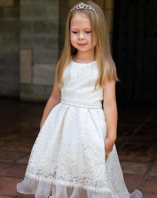 Flower Girls Short Lace Dress with Pearls Belt