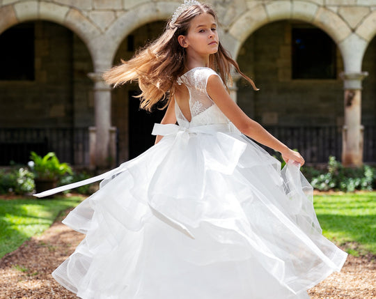 SAMPLE SALE! Flower Girls Lace Layered Heart Open Back Dress