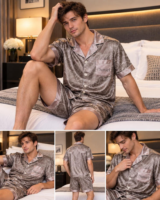 Personalized Men’s Pajamas, Christmas Gift for Him, Custom Name Satin Pajama Set, Gift for Husband Boyfriend, Men’s Christmas PJs