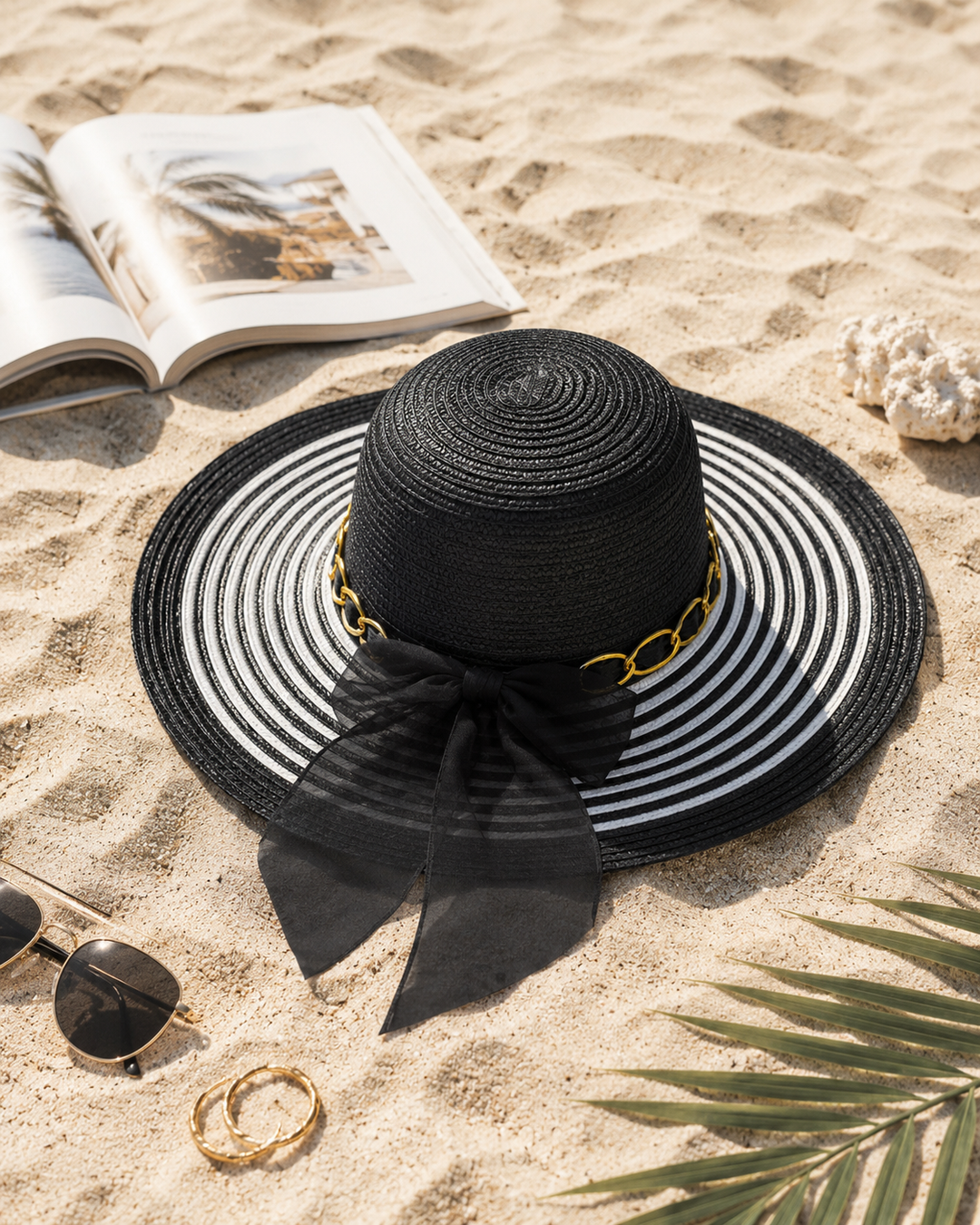 Elegant Beach Sun Hat with Chain & Bow