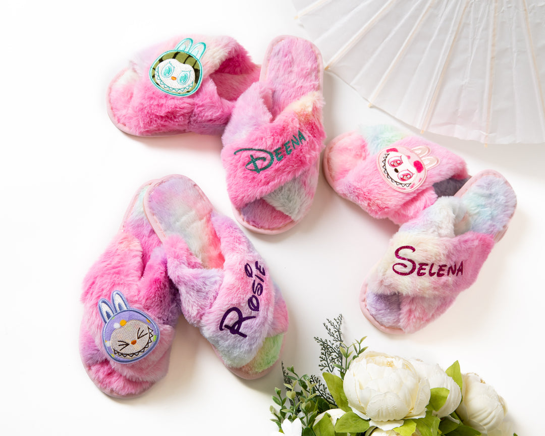 Rainbow Fluffy Personalized Slippers Adults + Kids sizes