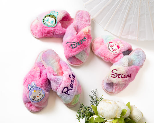 Rainbow Fluffy Personalized Slippers Adults + Kids sizes