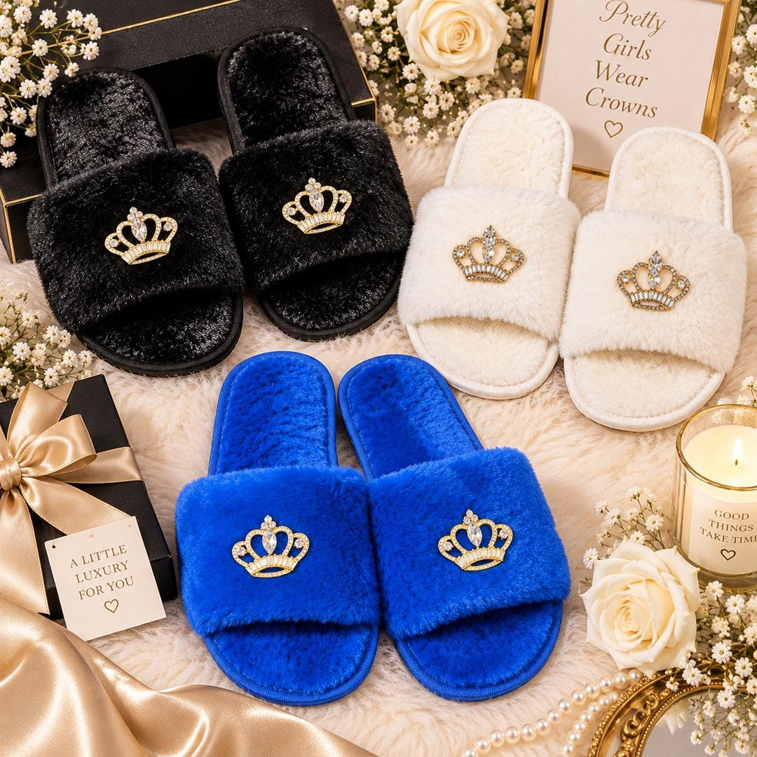 Queen Crown Slippers for Women, Fluffy Spa Slippers, Birthday Queen Gift, Christmas Gift for Her, Bridesmaid Gifts, Bridal Party Slippers