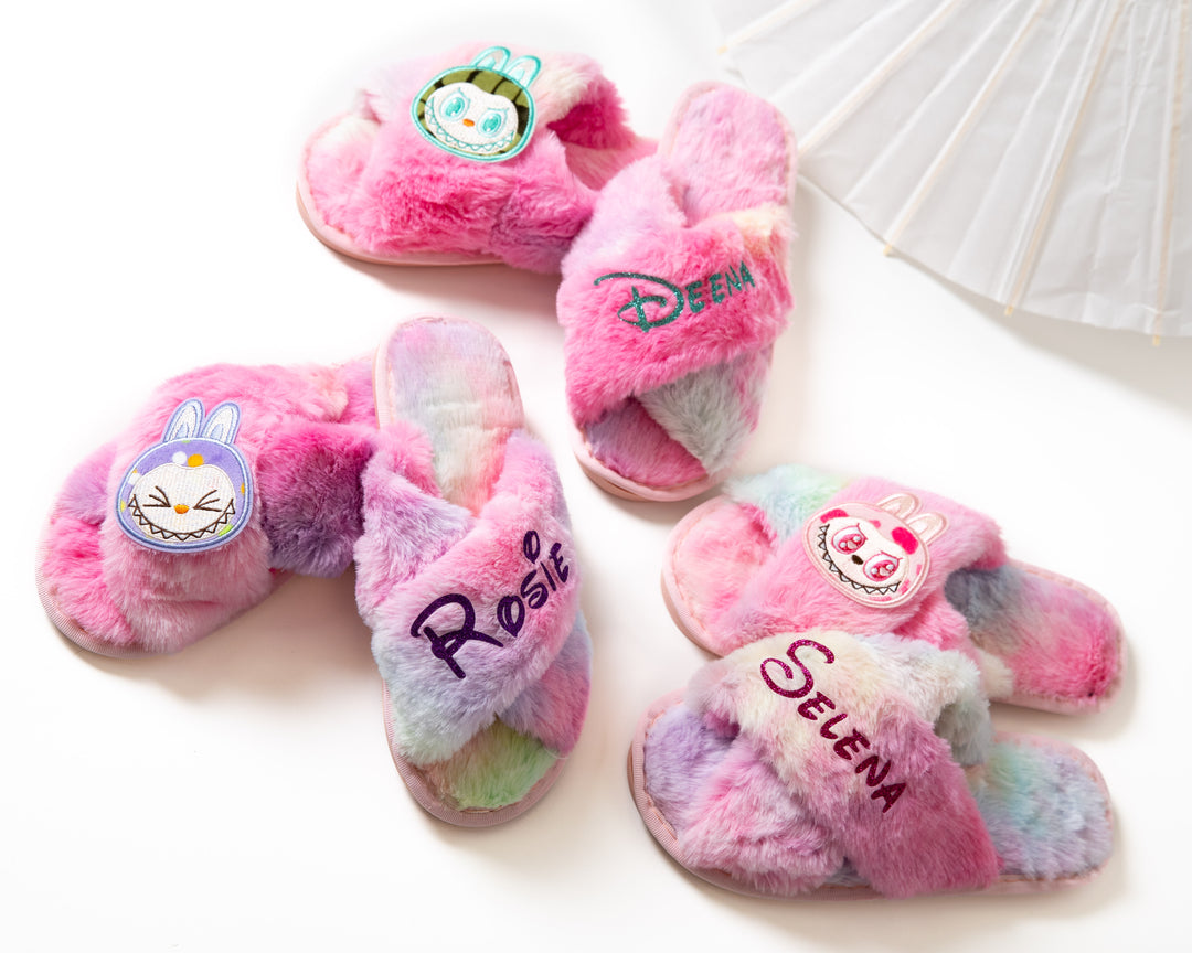 Rainbow Fluffy Personalized Slippers Adults + Kids sizes
