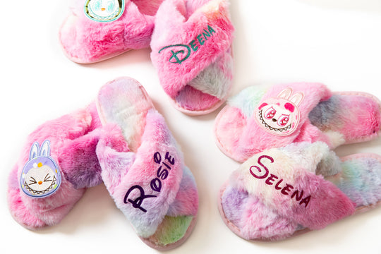 Rainbow Fluffy Personalized Slippers Adults + Kids sizes