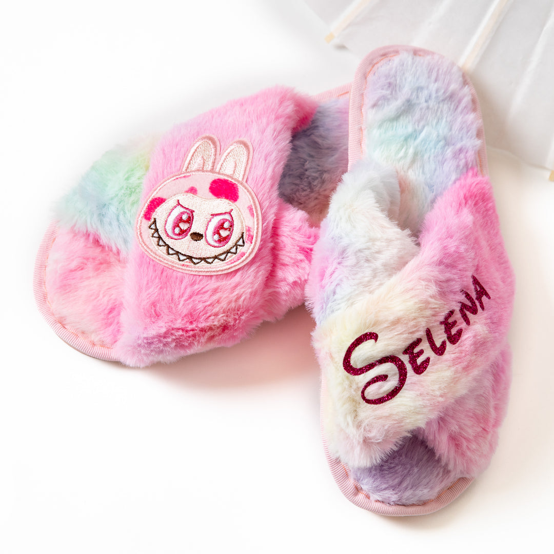 Rainbow Fluffy Personalized Slippers Adults + Kids sizes