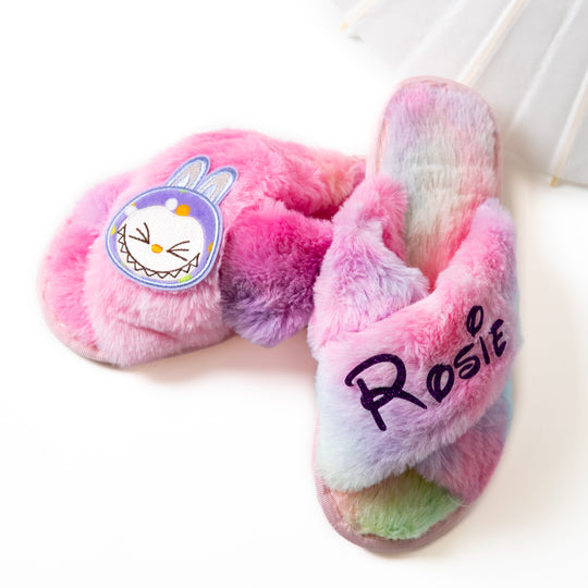 Rainbow Fluffy Personalized Slippers Adults + Kids sizes