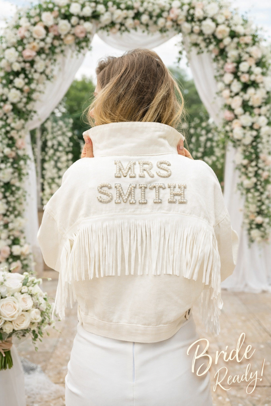Custom White Bridal Jacket with Fringes