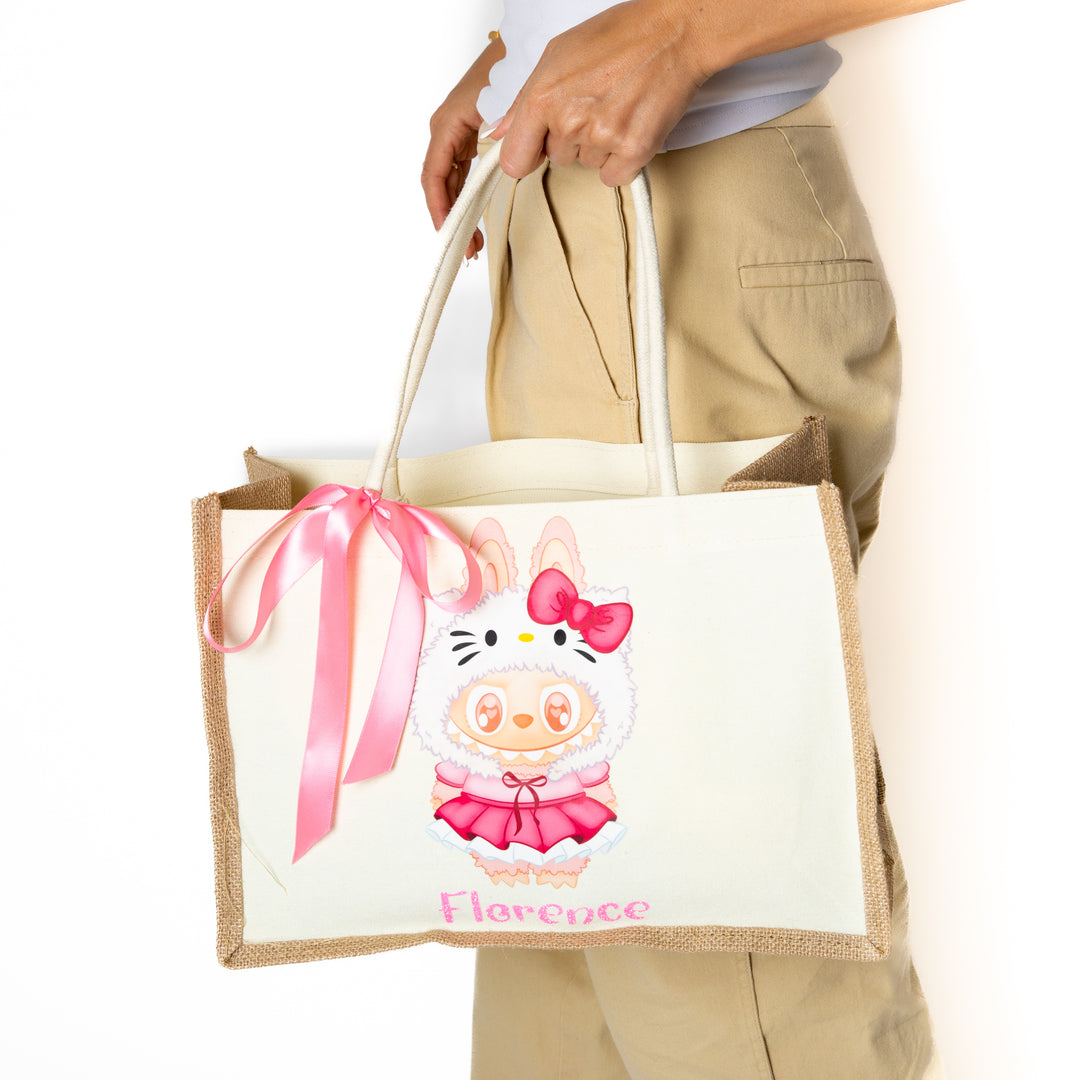 Custom Name Jute Bag with Cute Trendy Character
