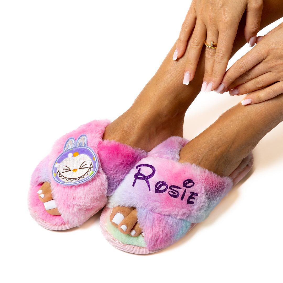 Rainbow Fluffy Personalized Slippers Adults + Kids sizes