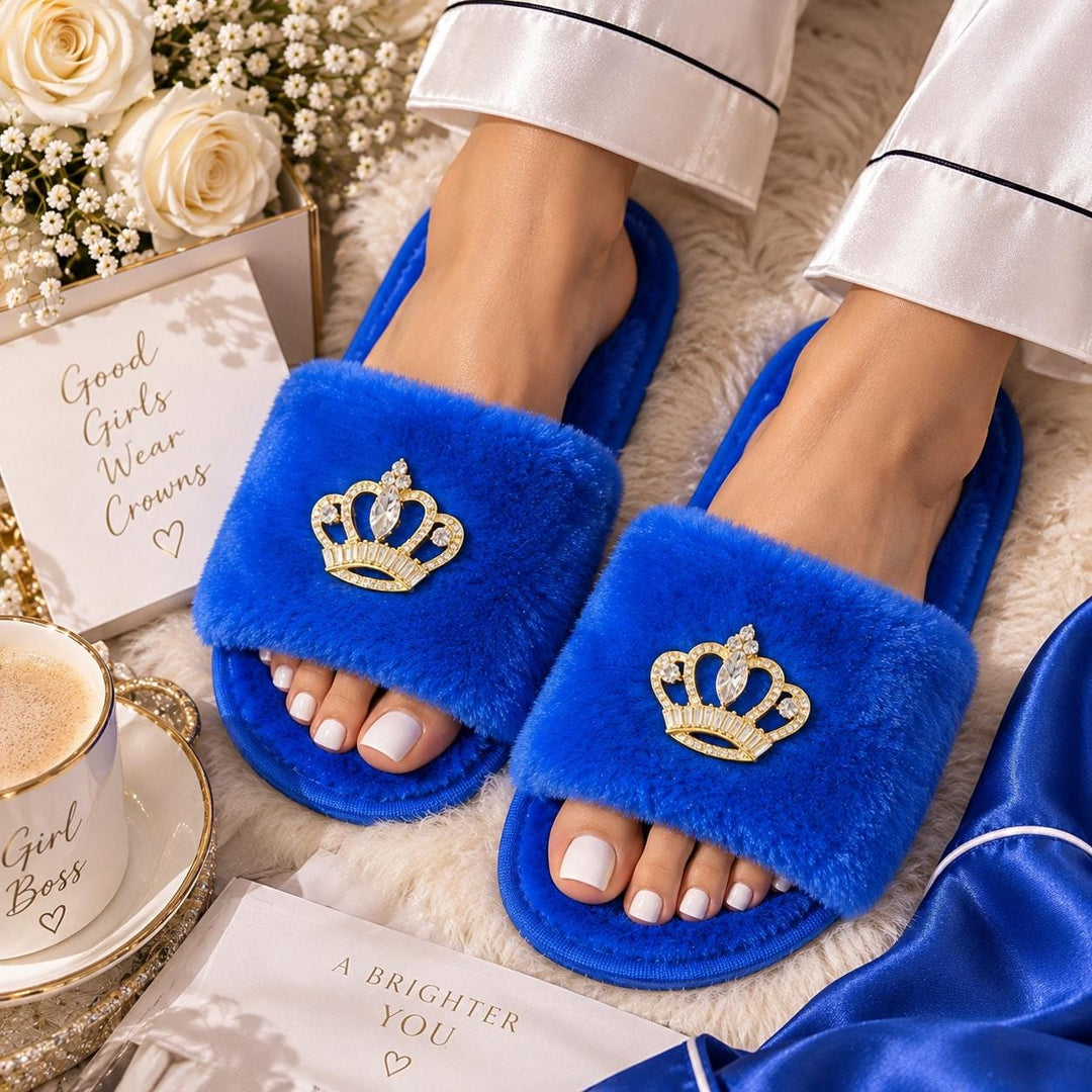 Queen Crown Slippers for Women, Fluffy Spa Slippers, Birthday Queen Gift, Christmas Gift for Her, Bridesmaid Gifts, Bridal Party Slippers