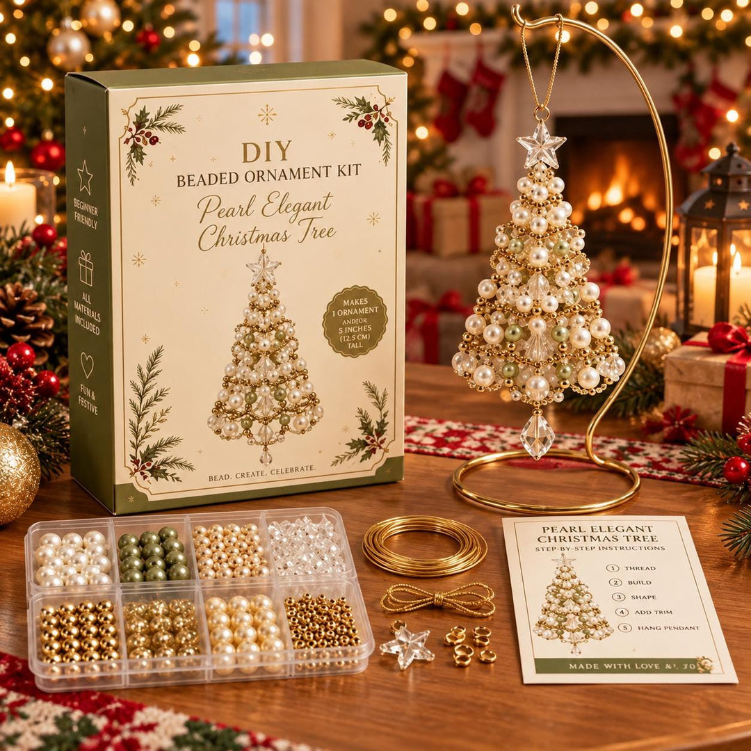 a DIY beaded ornament kit for a pearl-elegant Christmas tree, with various materials and instructions for creating the ornament. The kit includes a box, a clear container with beads, and a set of gold wire and a clear glass ornament. The kit is set against a backdrop of a decorated Christmas tree and other holiday decorations, creating a festive atmosphere.