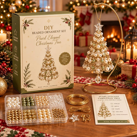 a DIY beaded ornament kit for a pearl-elegant Christmas tree, with various materials and instructions for creating the ornament. The kit includes a box, a clear container with beads, and a set of gold wire and a clear glass ornament. The kit is set against a backdrop of a decorated Christmas tree and other holiday decorations, creating a festive atmosphere.