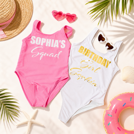 Kids Birthday Princess and her Squad One Piece Swimsuits