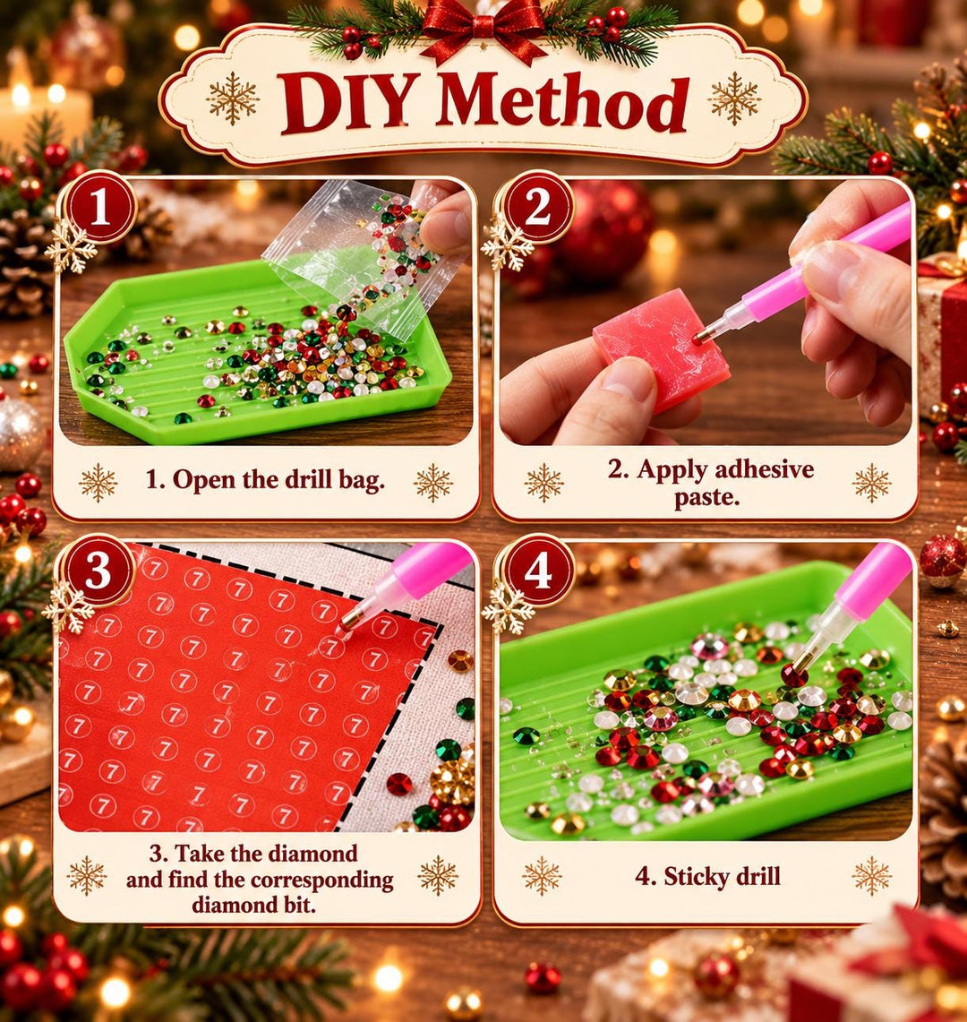 The image is a step-by-step guide for a DIY method of decorating a diamond using a drill bag and a pink paste. It shows the process of opening the drill bag, applying the paste, and using a pink drill to create a pattern on the diamond.