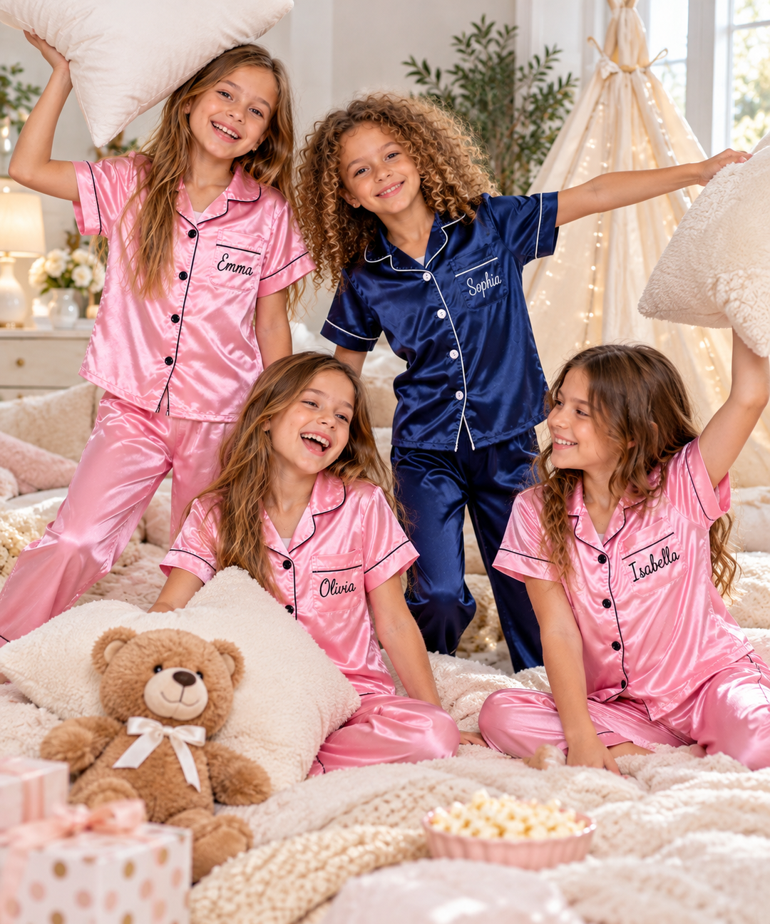 Personalized Kids Satin Pajamas – Girls Sleepover & Spa Birthday Party PJs