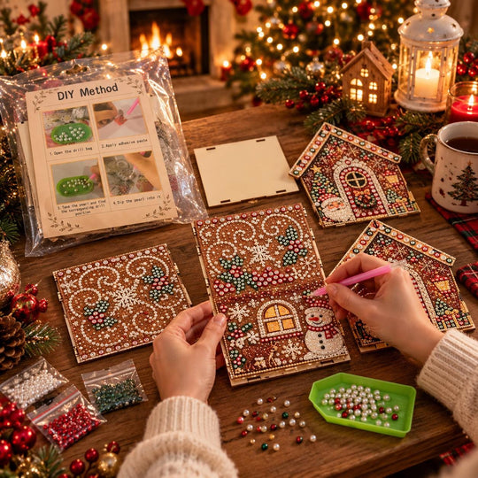 A person's hands are crafting gingerbread houses using a DIY method, surrounded by Christmas decorations and supplies.