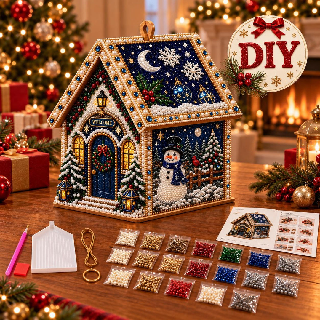DIY 3D Diamond Painting Christmas House Kit, Sparkling Rhinestone Snowman Cabin, Crystal Art Craft, Holiday Home Decor, Christmas Gift
