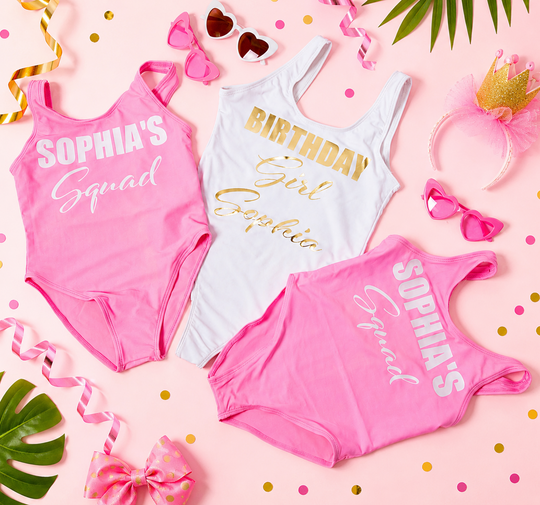 Kids Birthday Princess and her Squad One Piece Swimsuits