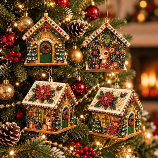 a beautifully decorated Christmas tree adorned with ornaments, lights, and pine cones. The ornaments include a house, a deer, and a poinsettia, all intricately designed and embellished with gold and red details. The tree is surrounded by twinkling lights, creating a warm and festive atmosphere.