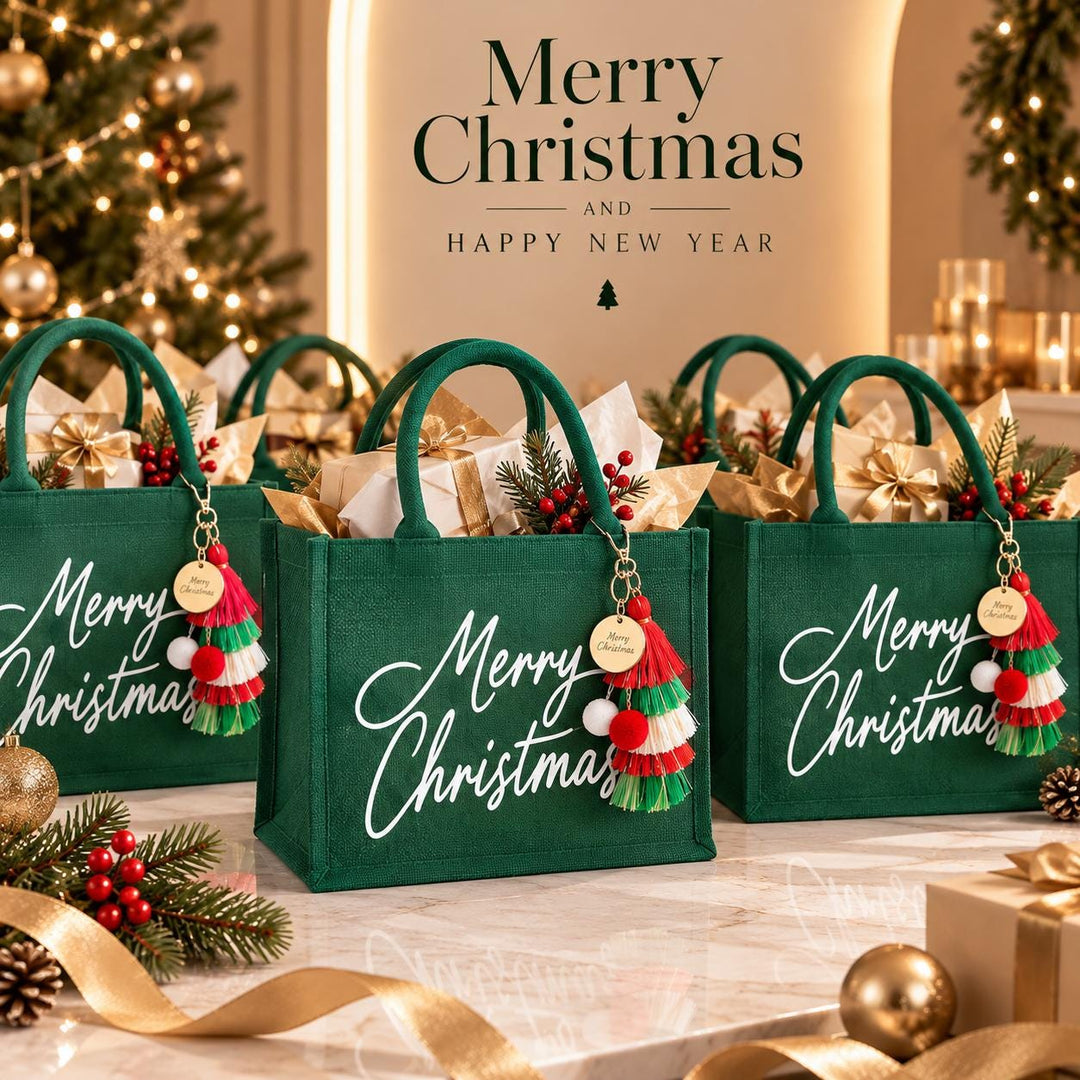 three green gift bags with the text "Merry Christmas" written on them, placed on a table with Christmas decorations and gifts.