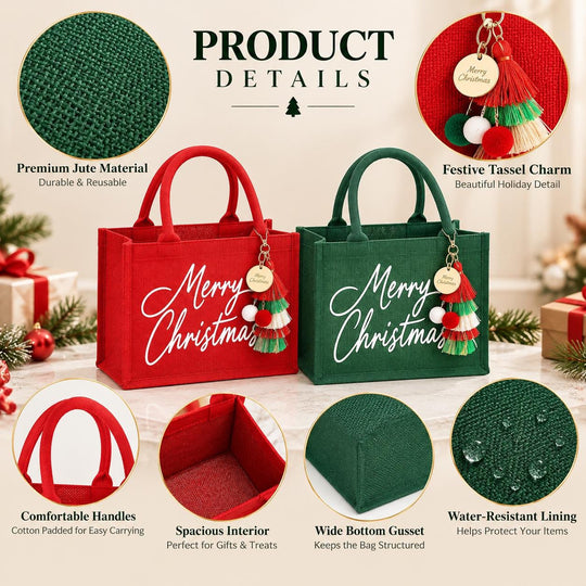 The image is a product detail collage showcasing the features and benefits of a red and green Christmas-themed tote bag.