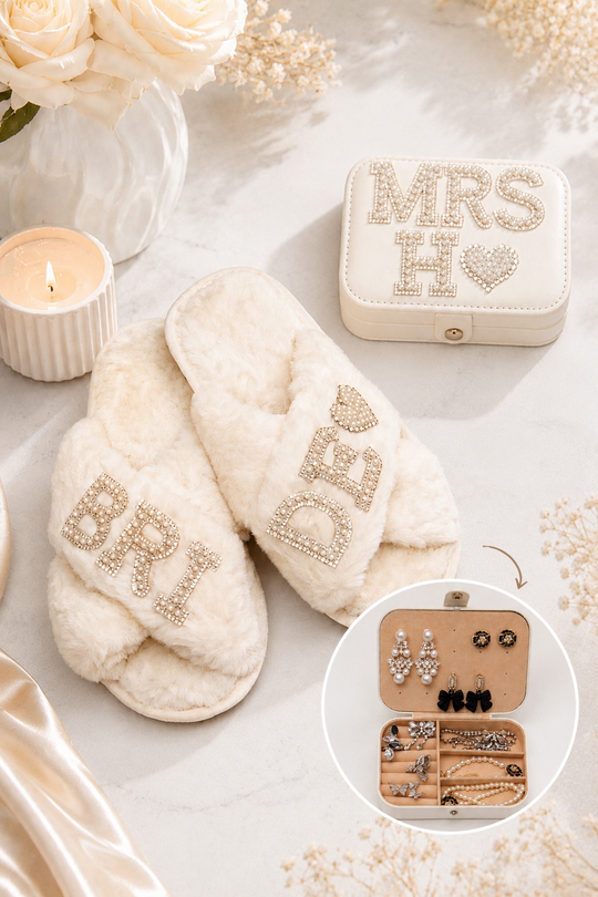 Bridal Fluffy Slippers & Mrs Jewelry Box Set