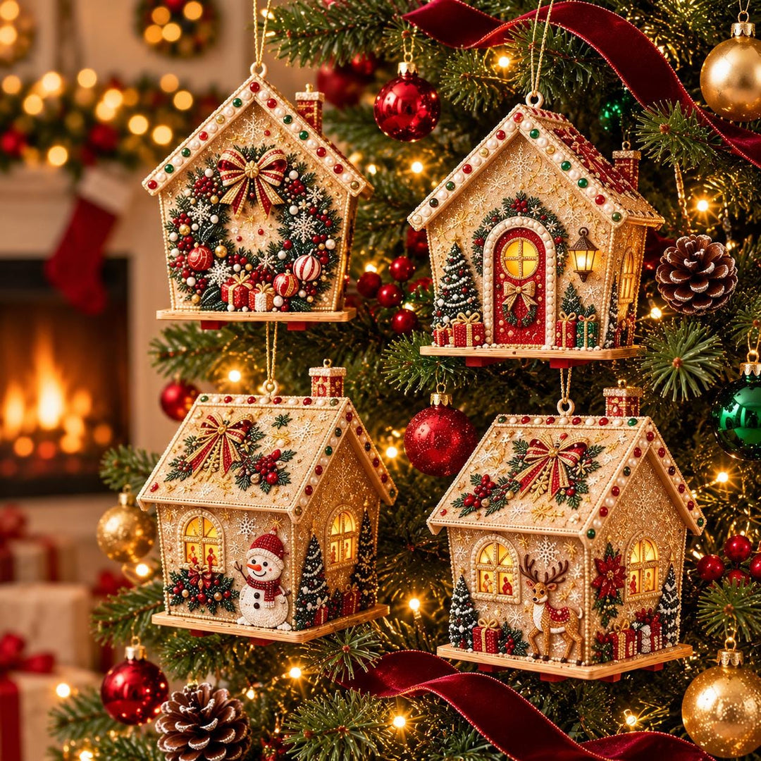 a beautifully decorated Christmas tree adorned with ornaments, lights, and a wreath. The tree is surrounded by a cozy fireplace, creating a warm and festive atmosphere.