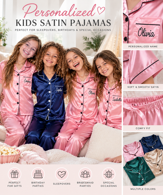 Personalized Kids Satin Pajamas – Girls Sleepover & Spa Birthday Party PJs
