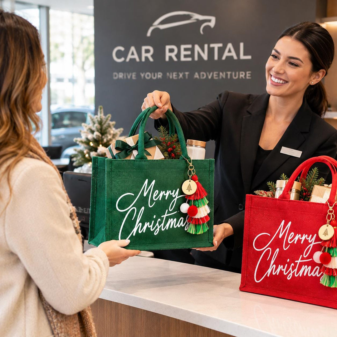 A smiling woman in a black suit is handing a green bag with the text "Merry Christmas" to another woman in a beige sweater.