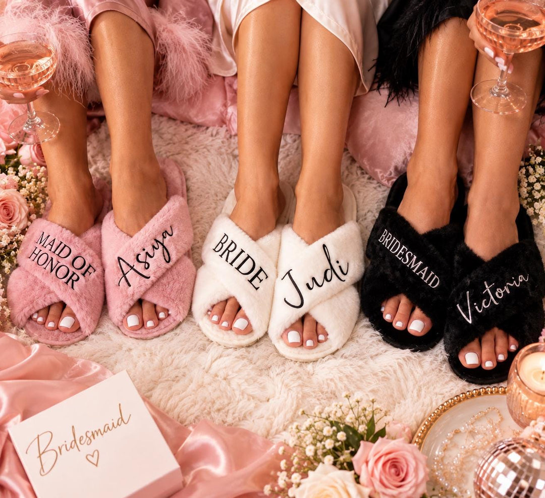Personalized Bridesmaid Slippers, Custom Fluffy Bridal Party Slippers, Bride Fuzzy Slippers, Bachelorette Party Gift, Wedding Getting Ready