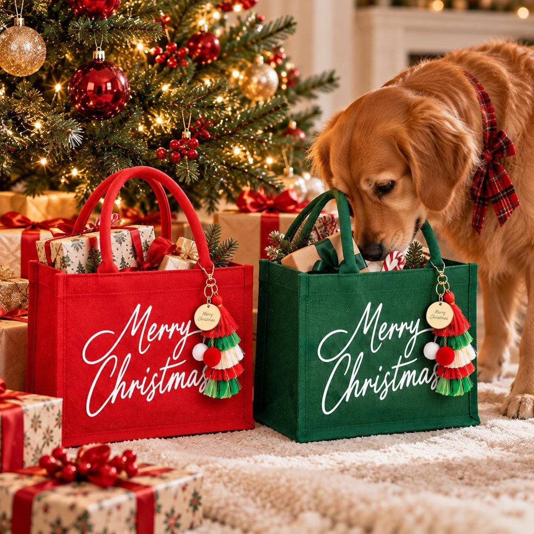 Set of 6 Christmas Gift Bags, Red or Green Jute Tote Bags, Holiday Gift Bags with Tassel, Reusable Christmas Tote Bags