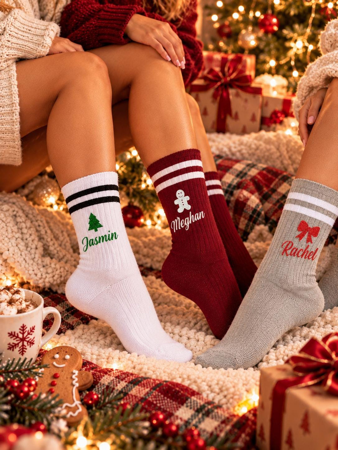 Personalized Christmas Socks, Custom Name Glitter Crew Socks, Holiday Stocking Stuffer Gift for Her