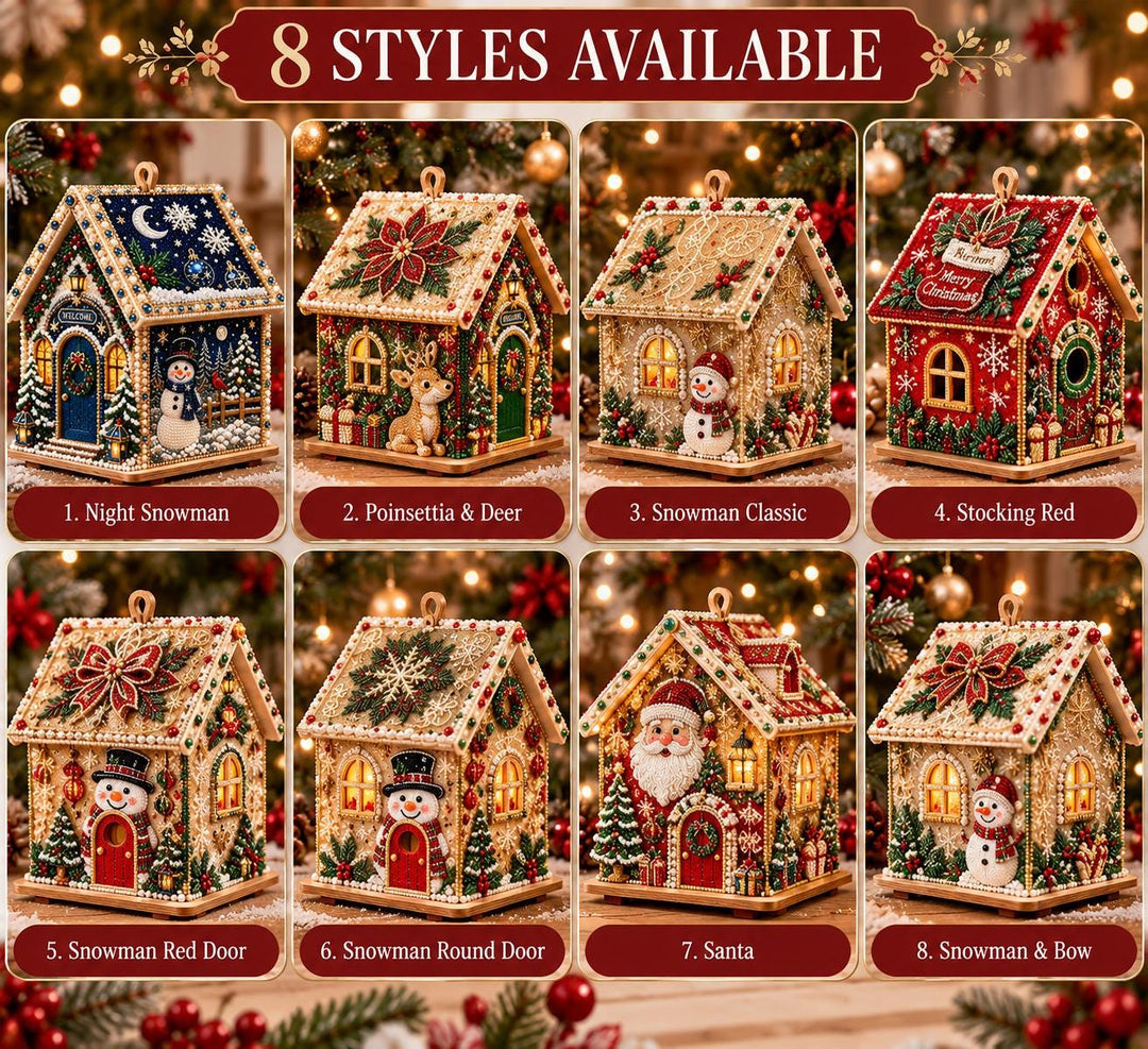 The image is a collage of eight different styles of gingerbread houses, each with unique decorations and designs, set against a festive background with Christmas lights and ornaments.