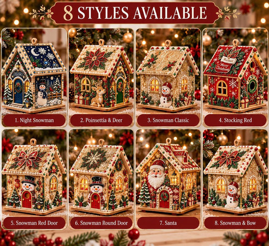 The image is a collage of eight different styles of gingerbread houses, each with unique decorations and designs, set against a festive background with Christmas lights and ornaments.