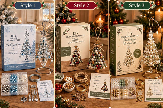 The image is a collage of three photos showcasing different styles of DIY beaded Christmas tree ornaments. The first photo shows a box of a DIY beaded Christmas tree kit, the second photo displays a set of DIY beaded Christmas tree ornaments, and the third photo shows a set of DIY beaded Christmas tree ornaments.