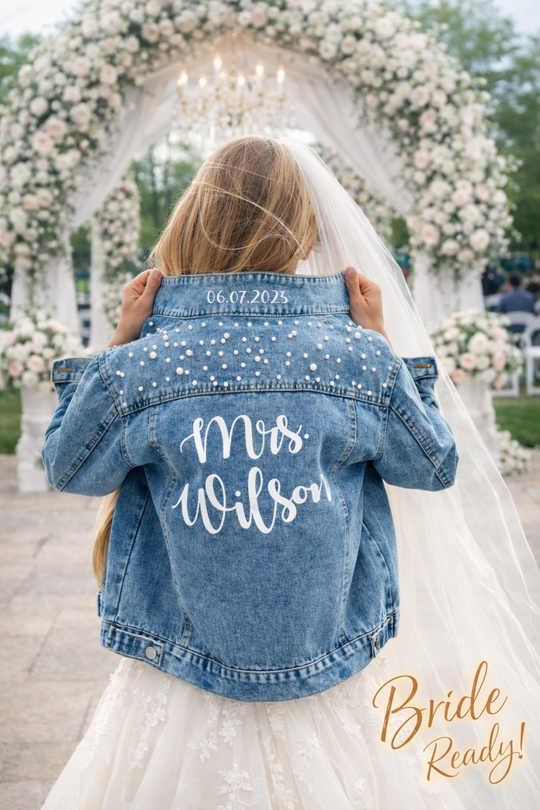 Mrs Custom Wedding Denim Jacket with Pearls