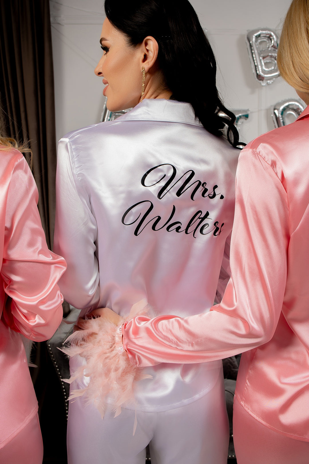 Bridesmaid Custom Satin Pajamas with feathers