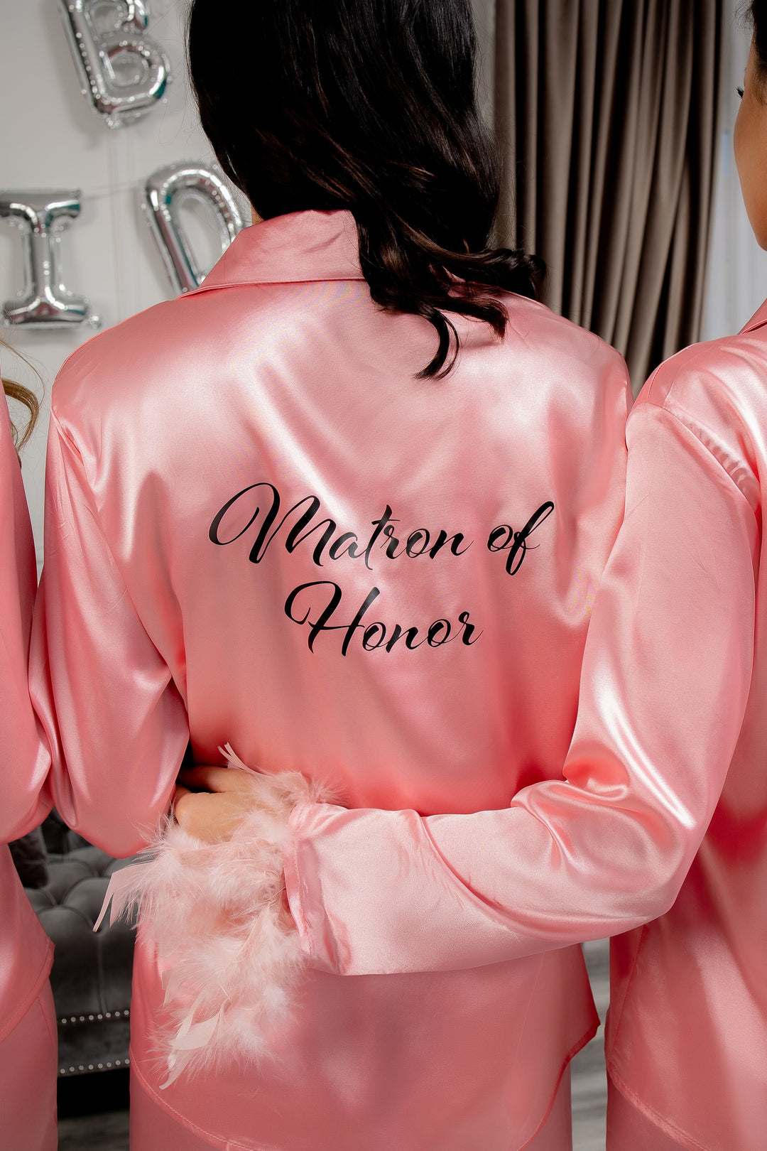 Bridesmaid Custom Satin Pajamas with feathers