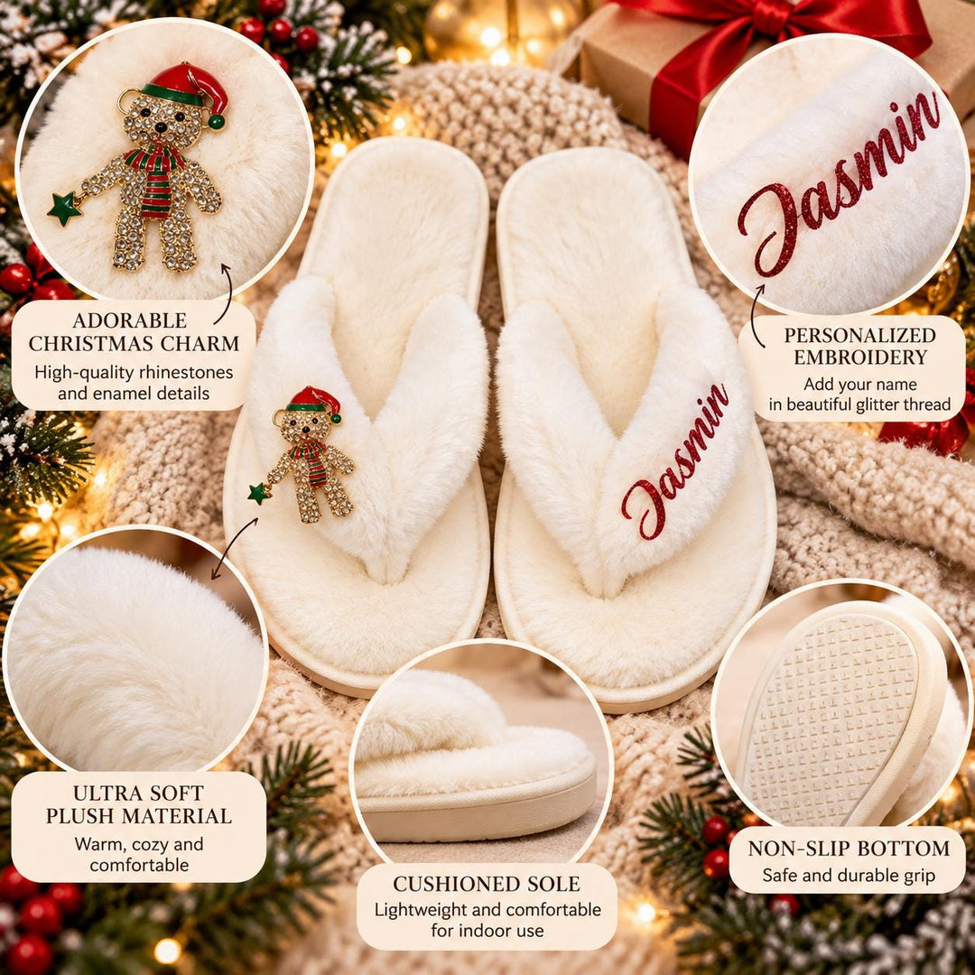 The image is a collage of various photos showcasing a pair of white, plush, and comfortable slippers with a personalized embroidered name on them. The slippers are described as "Adorable Christmas Charm" and "Personalized Embroidered" with the name "Jasmin" embroidered on them. The slippers are made of "Ultra Soft Plush Material" and have a "Cushioned Sole" for added comfort. The slippers are also described as "Non-Slip Bottom" for added safety and durability.