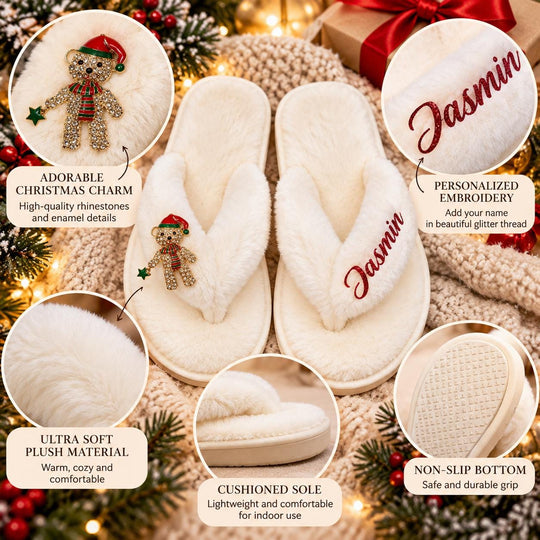 The image is a collage of various photos showcasing a pair of white, plush, and comfortable slippers with a personalized embroidered name on them. The slippers are described as "Adorable Christmas Charm" and "Personalized Embroidered" with the name "Jasmin" embroidered on them. The slippers are made of "Ultra Soft Plush Material" and have a "Cushioned Sole" for added comfort. The slippers are also described as "Non-Slip Bottom" for added safety and durability.