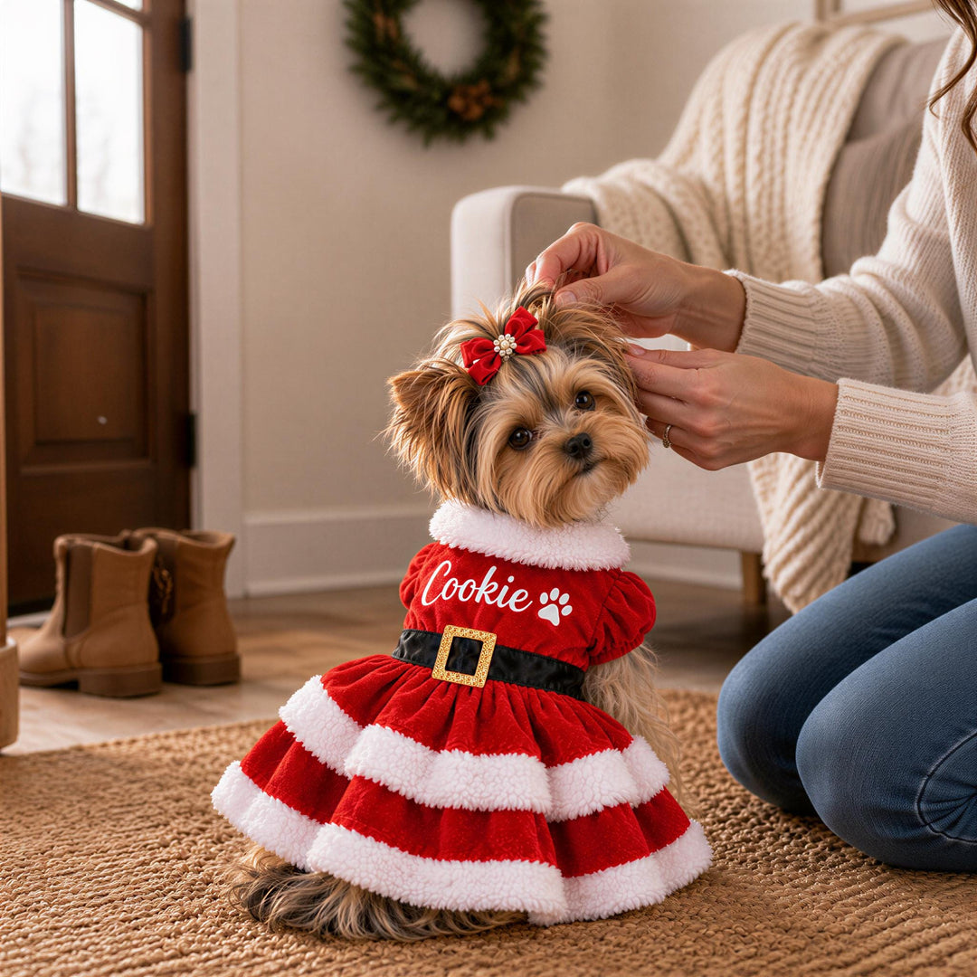 A small dog wearing a red and white Christmas-themed outfit with the word "Cookie" on it, sitting on a rug in a room with a person's hands petting its head.