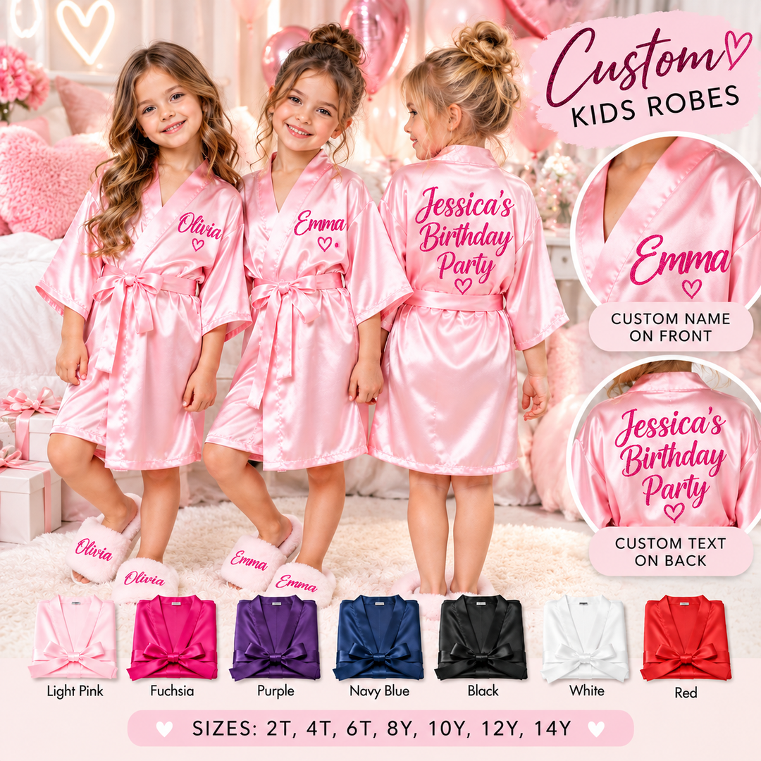 Personalized Kids Satin Robes – Custom Girls Birthday, Spa Party & Flower Girl Robes