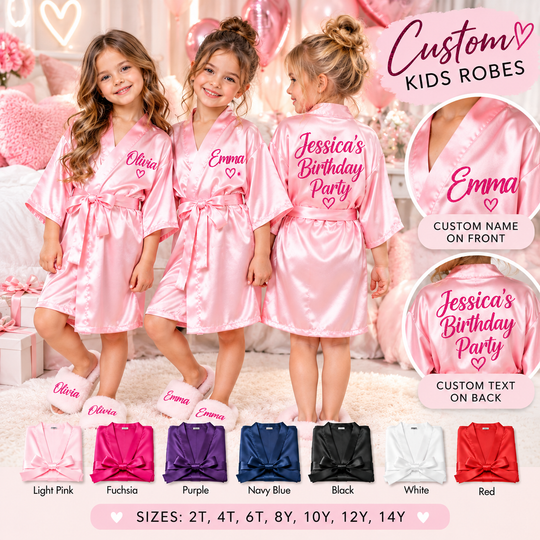 Personalized Kids Satin Robes – Custom Girls Birthday, Spa Party & Flower Girl Robes