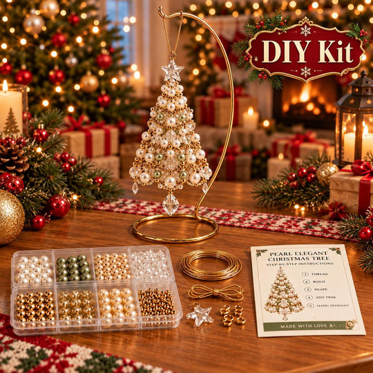 a DIY kit for creating a pearl-elegant Christmas tree ornament, with various materials and instructions displayed on a table.